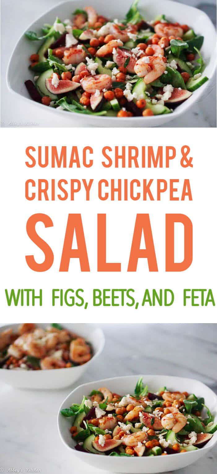 A pinterest image of salad with the text overlay \"Sumac Shrimp & Crispy Chickpea Salad with Figs, Beets, and Feta.\"