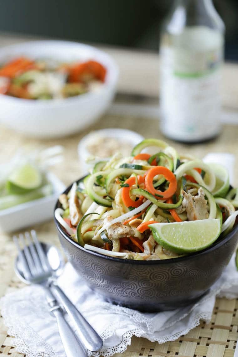 A bowl of low carb pad thai made with zoodles.