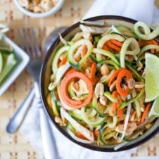 An overhead image of pad thai made with zucchini noodles.