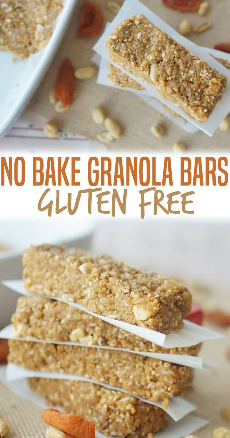 A pinterest image of granola bars with overlay text \"No Bake Granola Bars Gluten Free\"