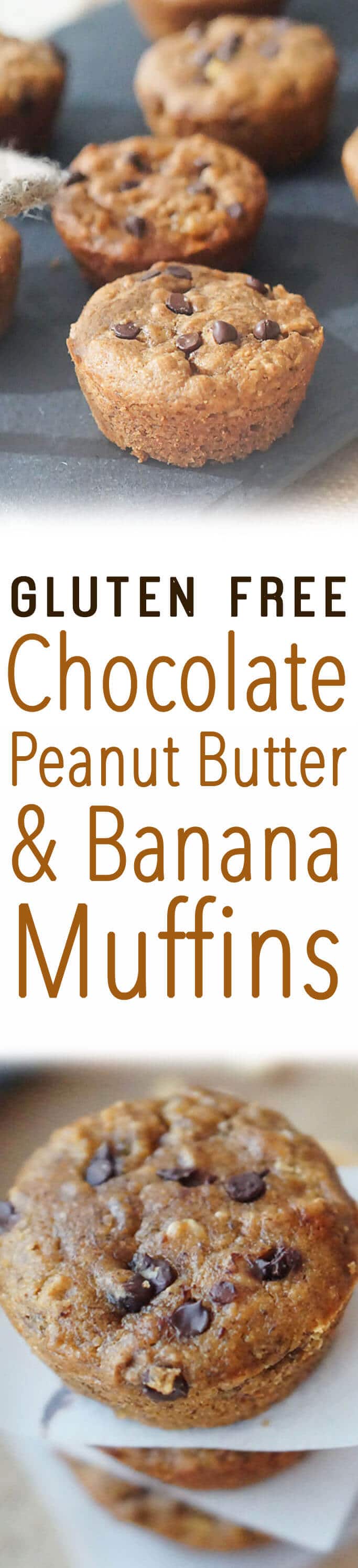 A pinterest image of muffins with text overlay \"Gluten Free Chocolate Peanut Butter & Banana Muffins.\"