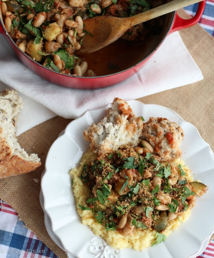 Birds eye view of bean cassoulet. 