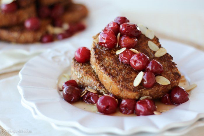 Healthy Vegan French Toast with Almond Crust & Sour Cherry Sauce