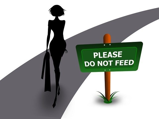 A cartoon image of a woman on a road with the sign \"Please Do Not Feed.\"