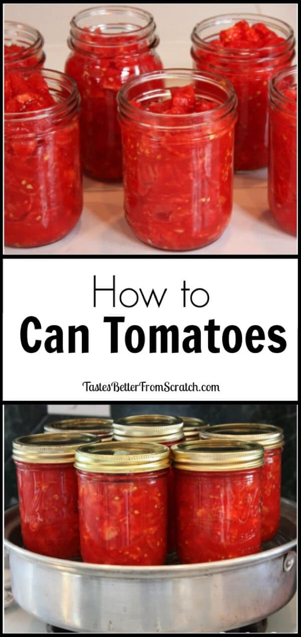 Mason jars of tomatoes with the text overlay \"Hot to Can Tomatoes.\"