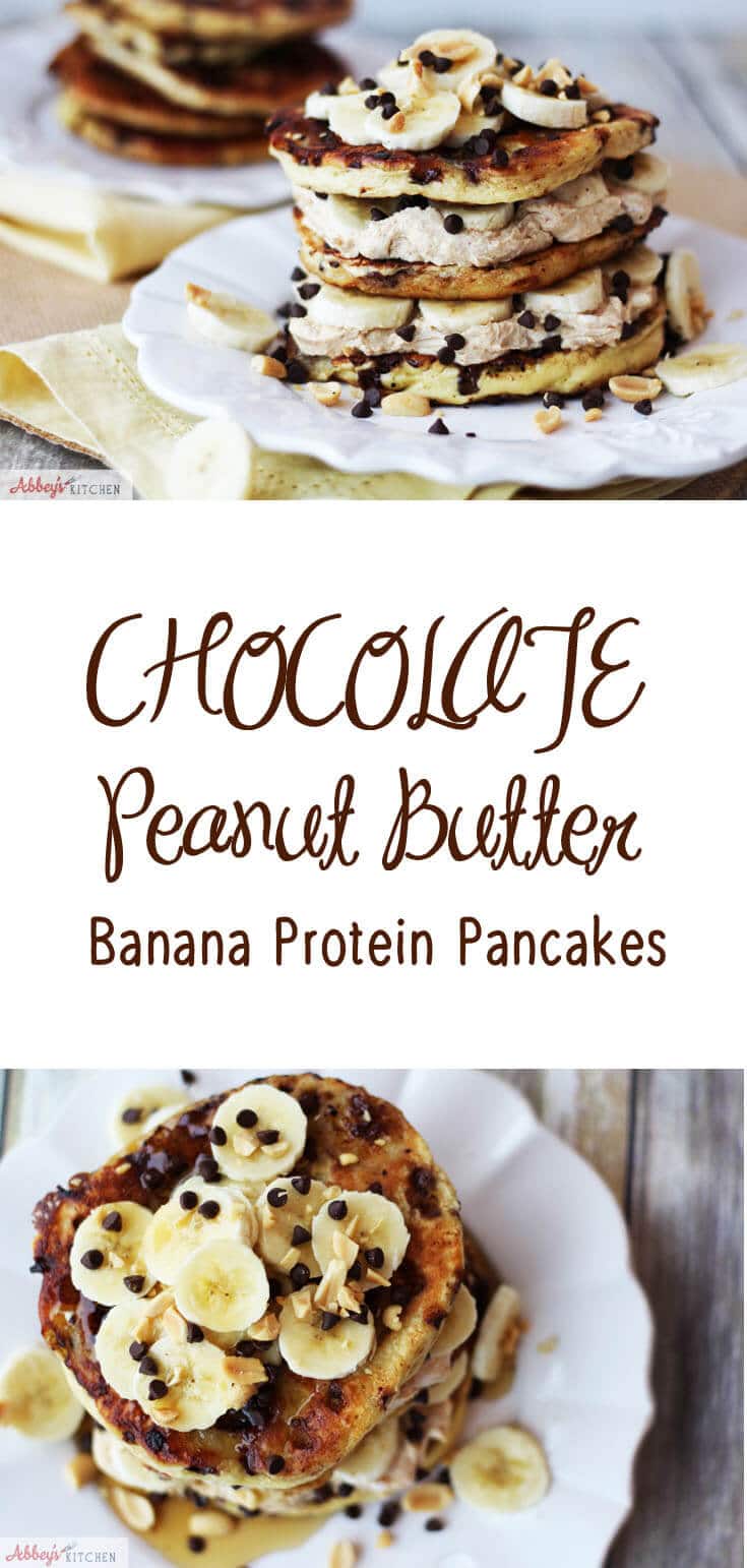 Pinterest image with pancakes with the text overlay \"Chocolate Peanut Butter Banana Protein Pancakes.\"