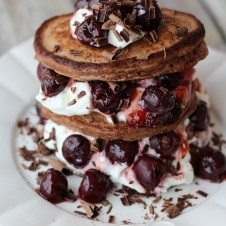 These crazy yummy stacked black forest chocolate protein pancakes are totally gluten free, low in fat and packed with high quality fermented whey protein.