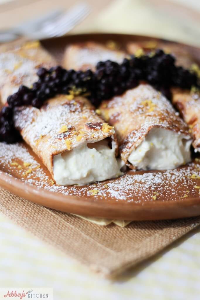 Healthy Cheesecake Stuffed French Toast Crepes with Berry Compote