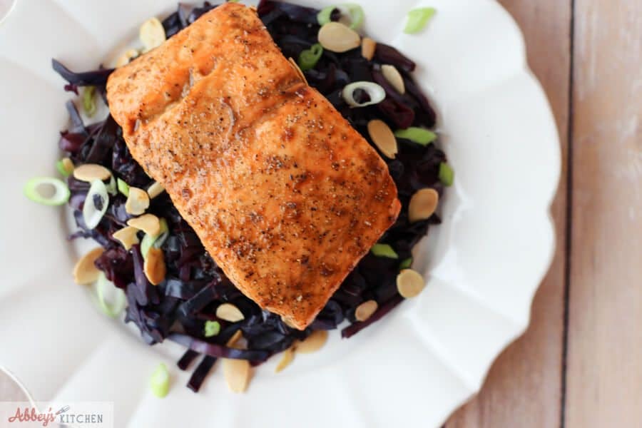 An overhead photo of a plate of salmon.