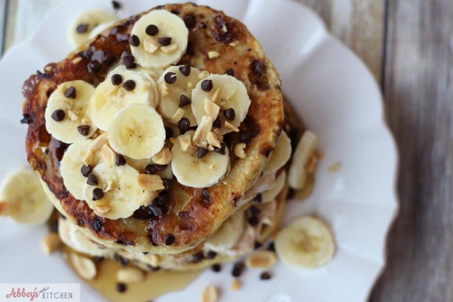 Overhead photo of banana protein pancakes.