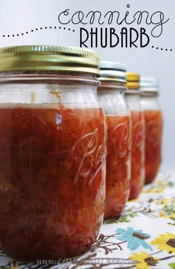 Multiple jars of canned rhubarb.