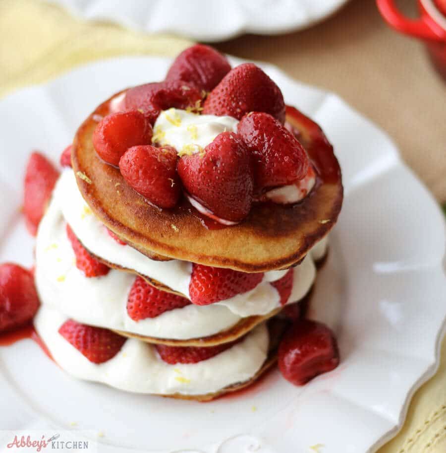 A stack of strawberry cheesecake protein pancakes.