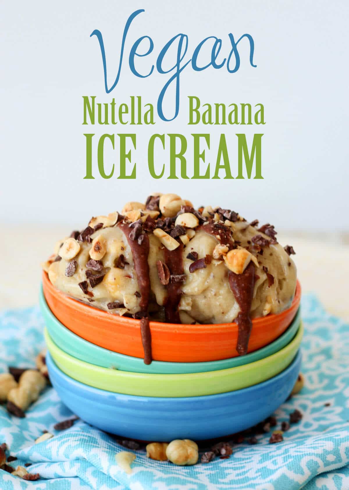 pinterest image of vegan and gluten free banana nutella ice cream in an orange bowl with text overlay