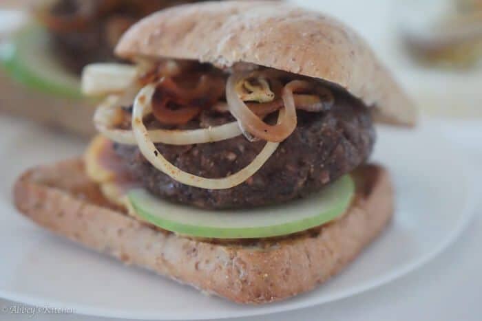 A close up of a burger.