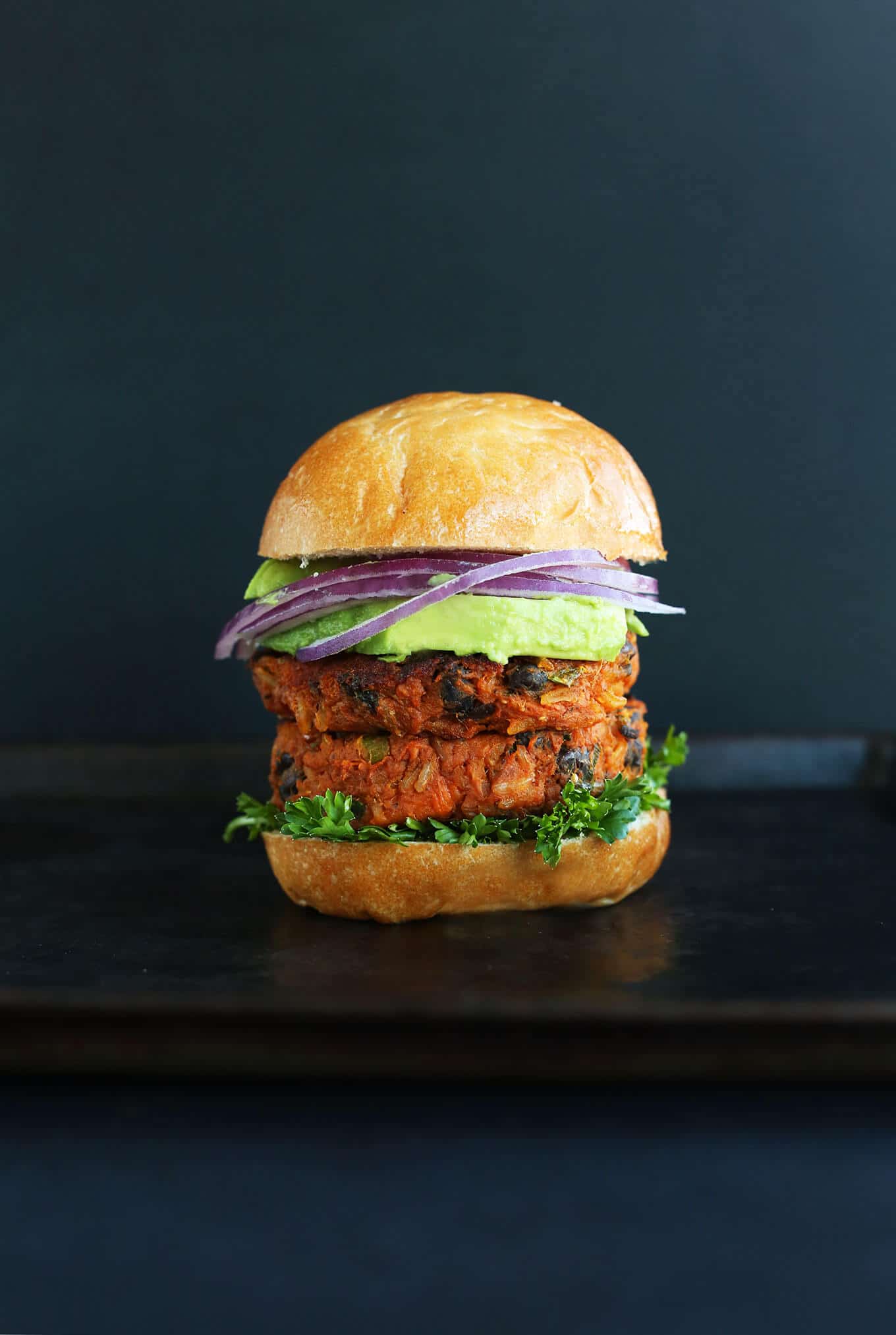 A sweet potato black bean burger with two patties.