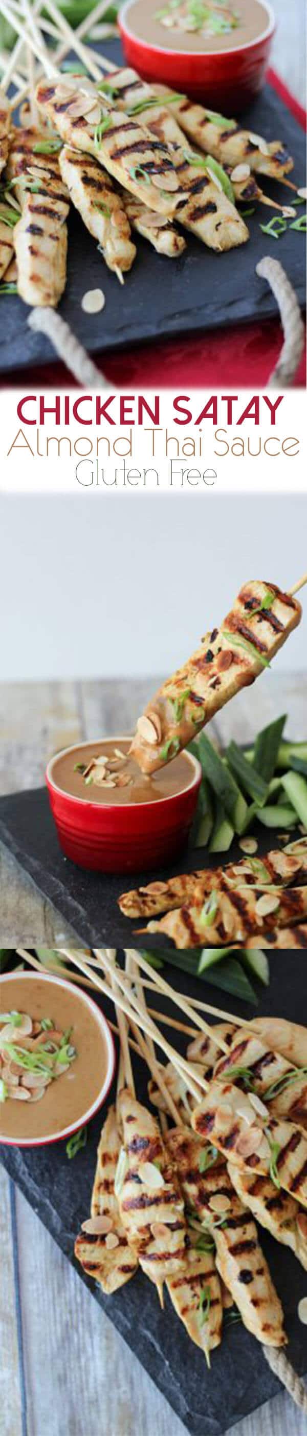 An image of a serving platter of multiple chicken satay dipping into a bowl of thai almond sauce.