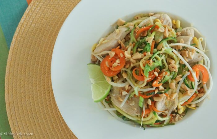 Overhead image of a bowl of spiralized pad thai as part of the bikini body guide. 