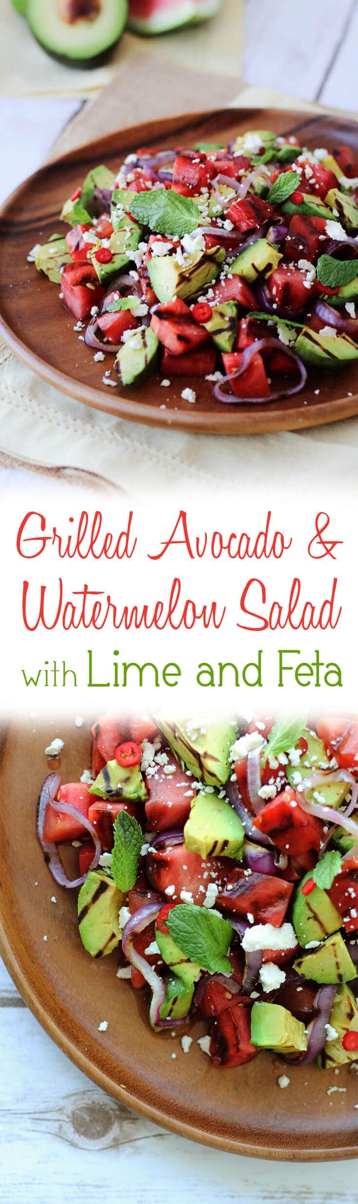 pinterest image of grilled avocado and watermelon salad topped with lime and feta with text overlay