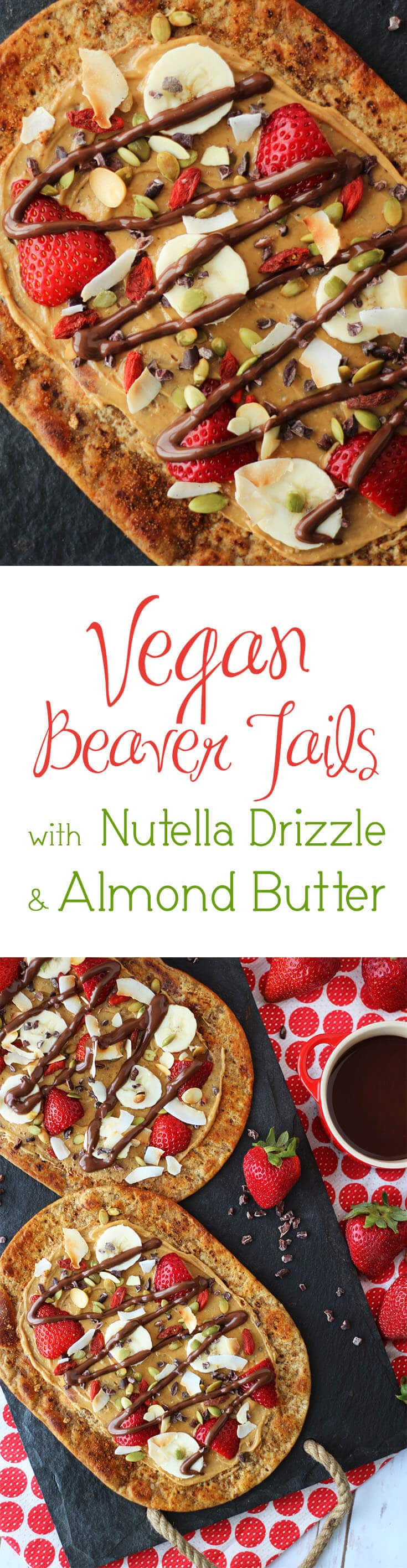 A pinterest image of beaver tails with the overlay text \"Vegan Beaver Tails with Nutella Drizzle & Almond Butter.\"