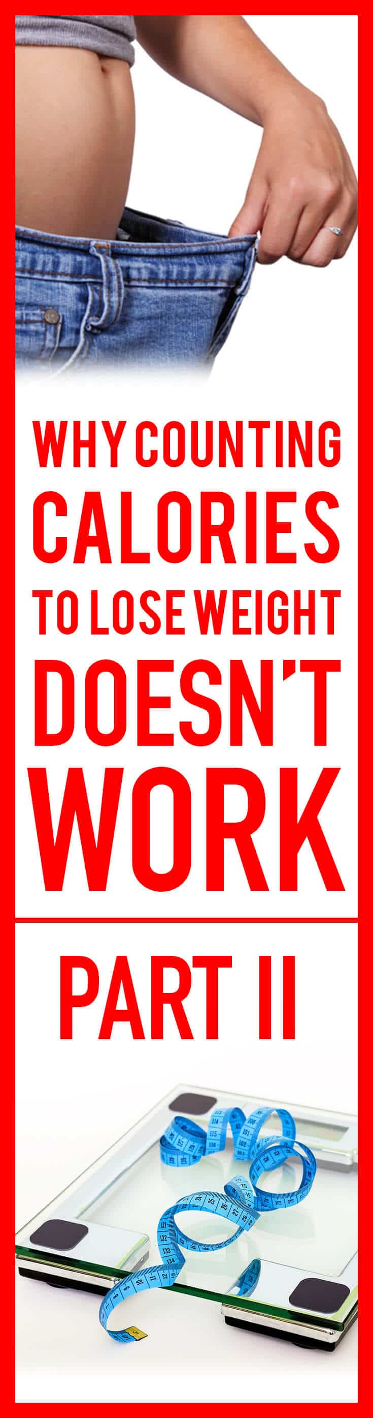 A pinterest image of weight loss images with the text overlay \"Why Counting Calories To Lose Weight Doesn\'t Work Part II.\"