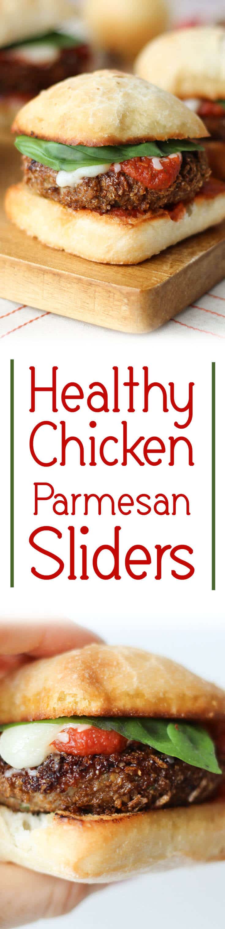 A pinterest image of chicken sliders with the text overlay \"Healthy Chicken Parmesan Sliders.\"