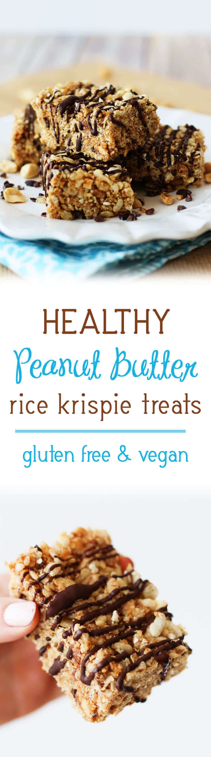 A pinterest image of rice cereal treats with the text overlay \"Healthy Peanut Butter Rice Krispie Treats Gluten Free & Vegan.\"