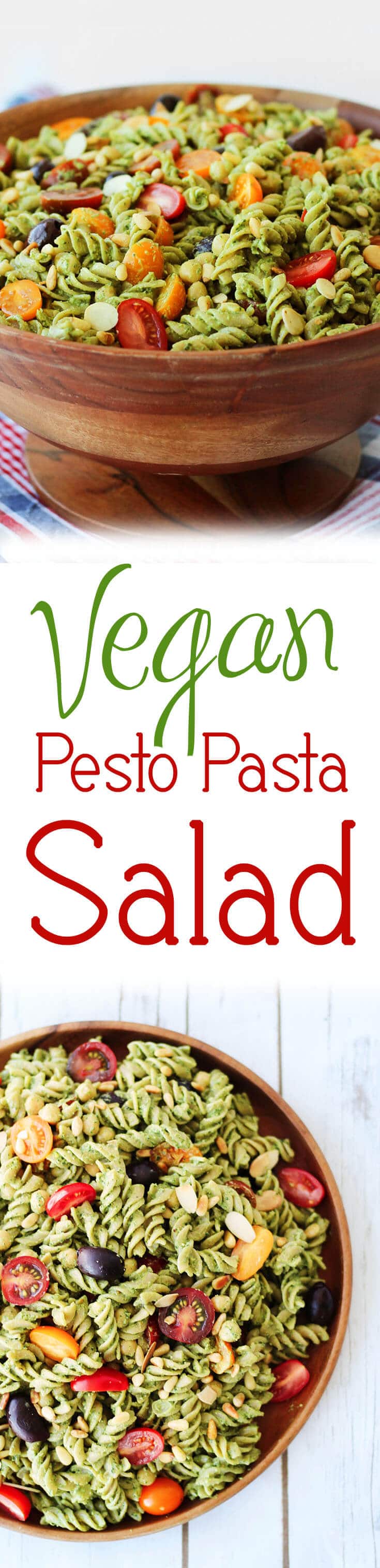 A pinterest image of pasta salad with the overlay text \"Vegan Pesto Pasta Salad.\"