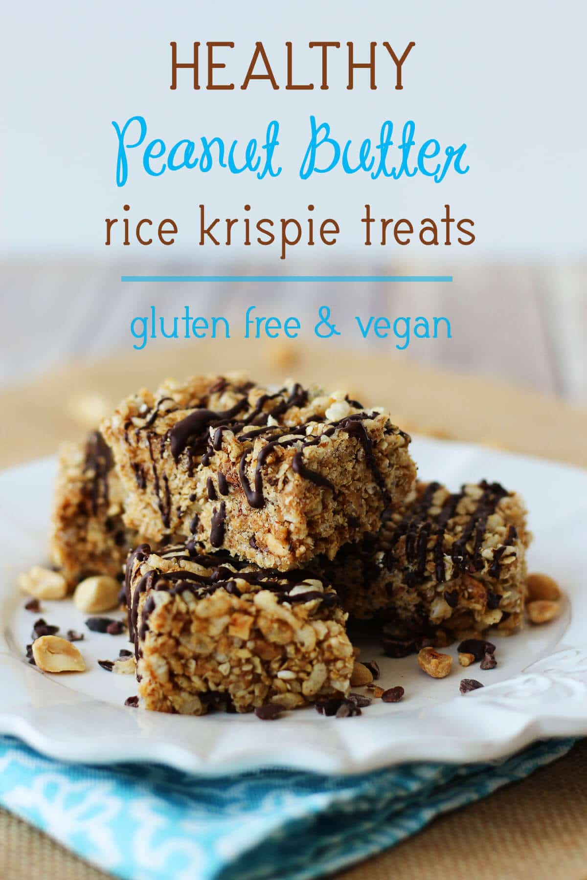 A plate of rice krispies with the text overlay \"Peanut Butter Rice Krispie Treats Gluten Free & Vegan.\"