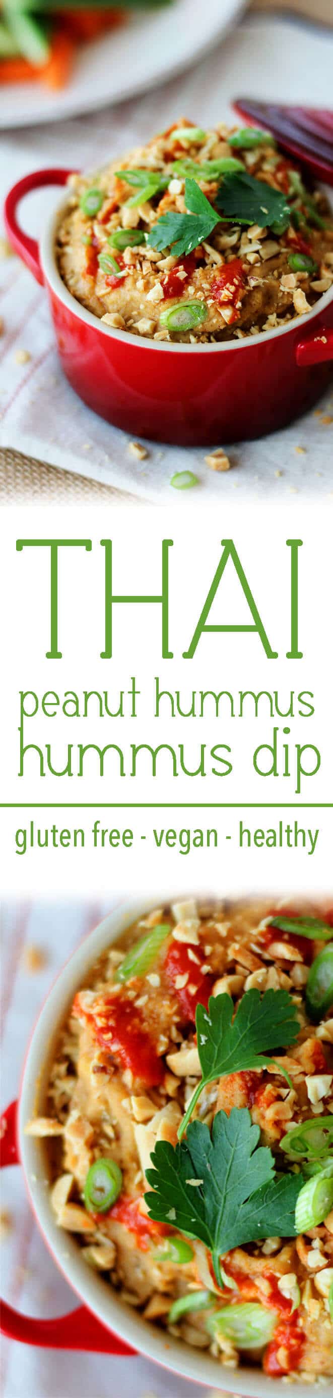 A pinterest image of a dip in a bowl with the text overlay \"THAI peanut hummus hummus dip gluten free - vegan - healthy.\"