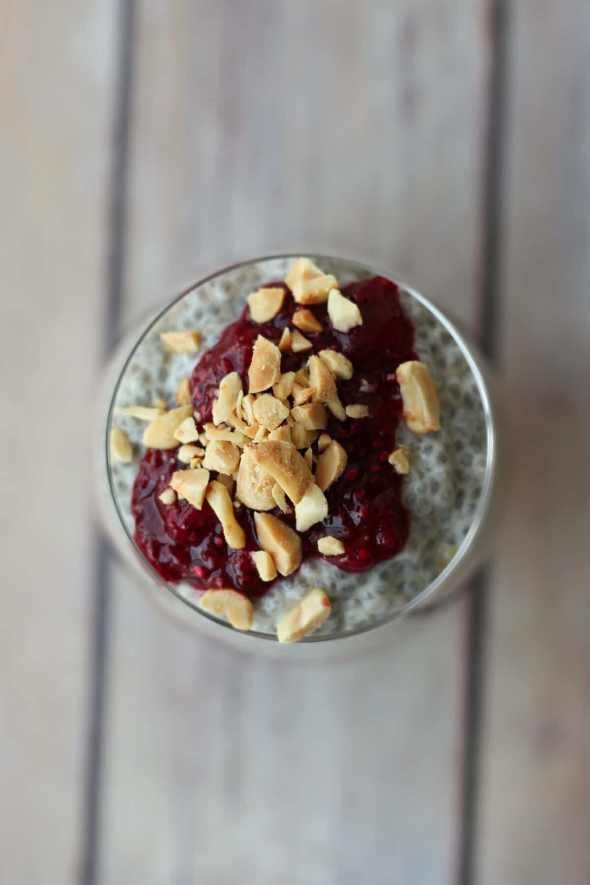 Overhead photo of a peanut butter and jam vegan chia pudding.
