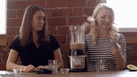 A gif of Abbey Sharp and Abby Langer making a smoothie.
