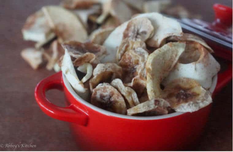 A white dish with dehydrated snacks.