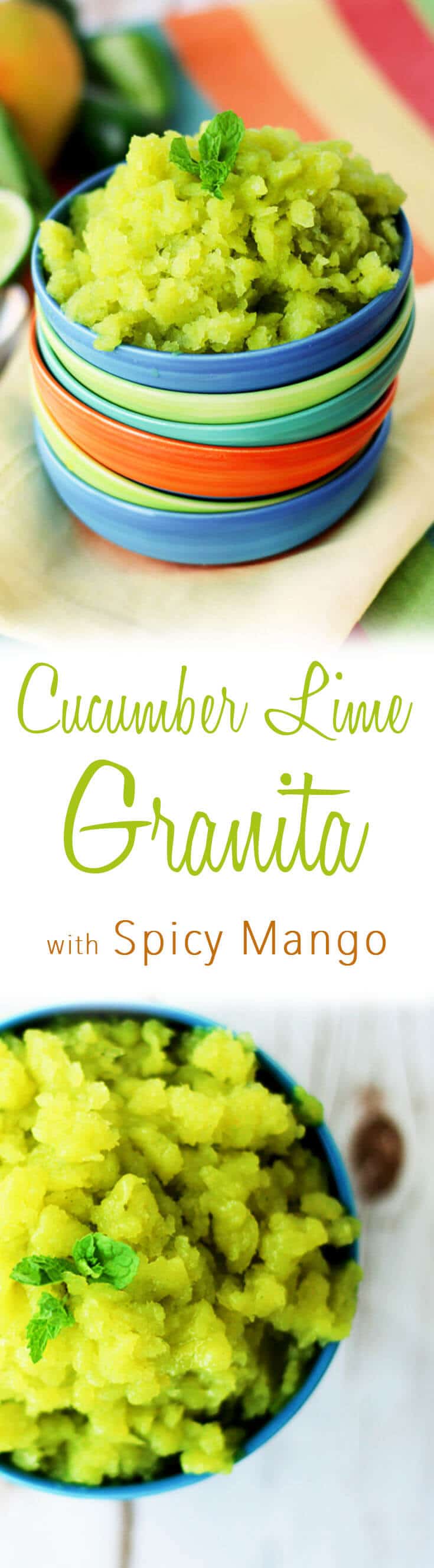 pinterest image of cucumber lime granita with spicy mango kick with text overlay