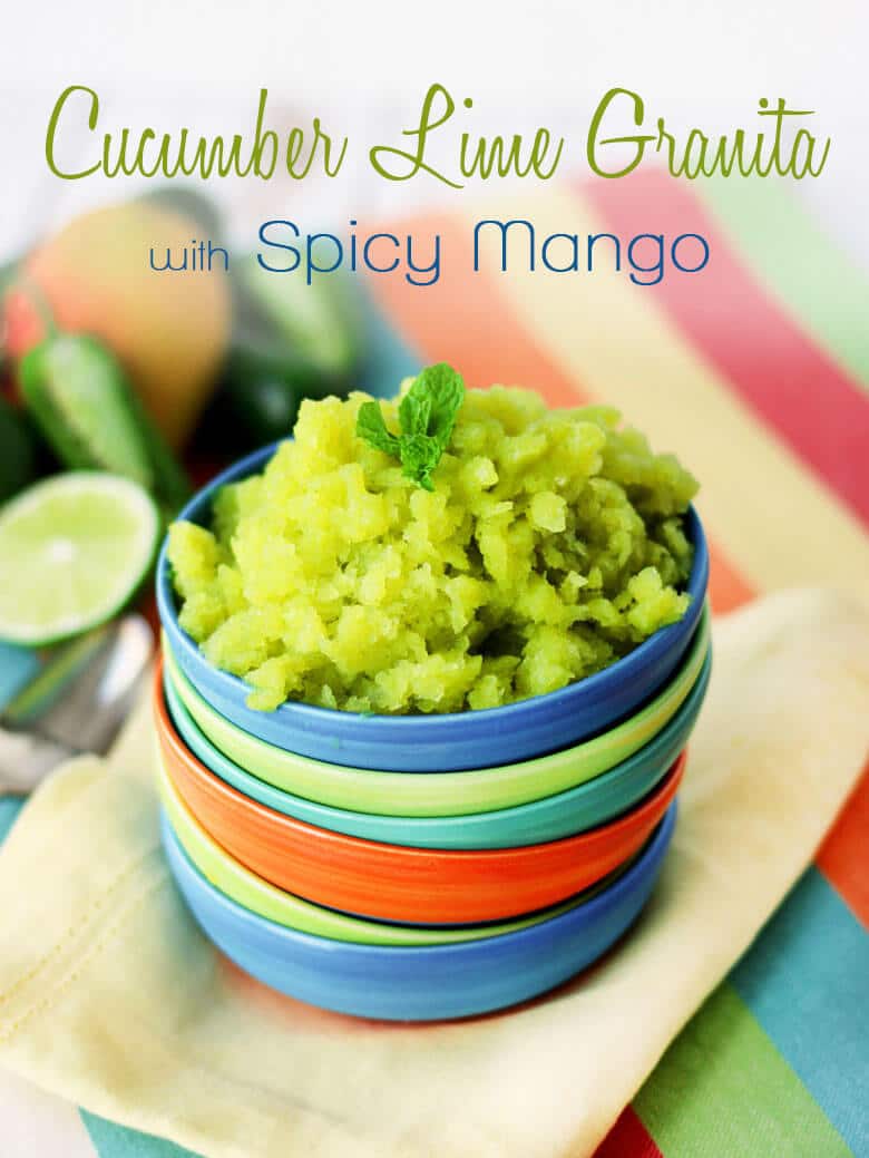 pinterest image of cucumber lime granita with spicy mango with text overlay