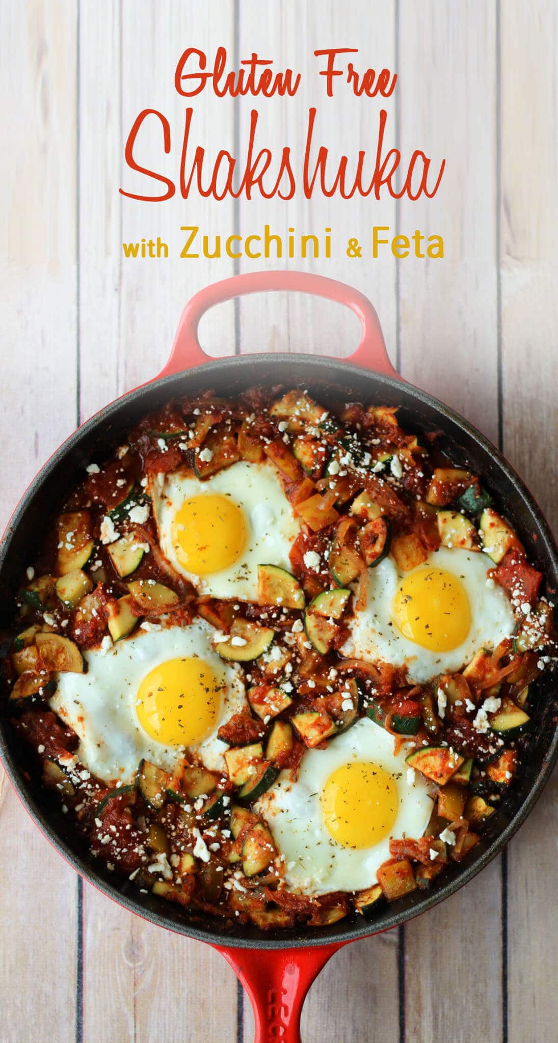 This easy one-pot gluten free Shakshuka recipe with zucchini and feta is super healthy, low in fat and vegetarian.