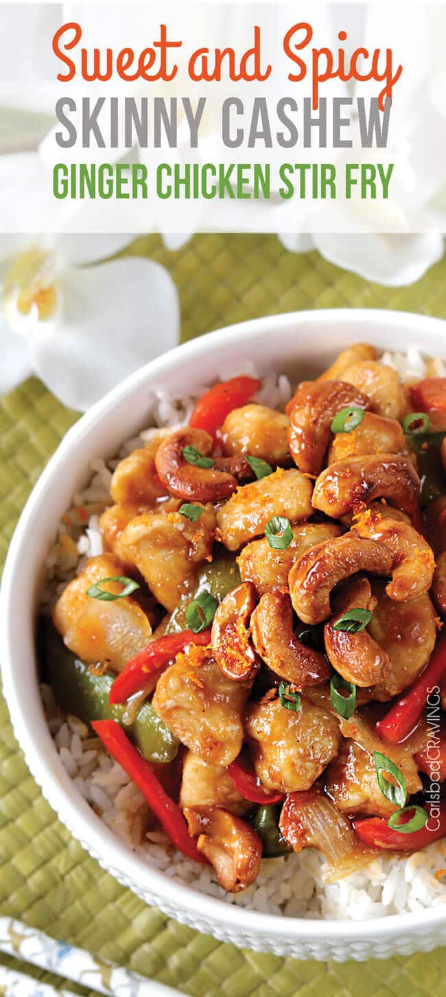 A close up of a white bowl with caramelized cashew chicken stir fry.