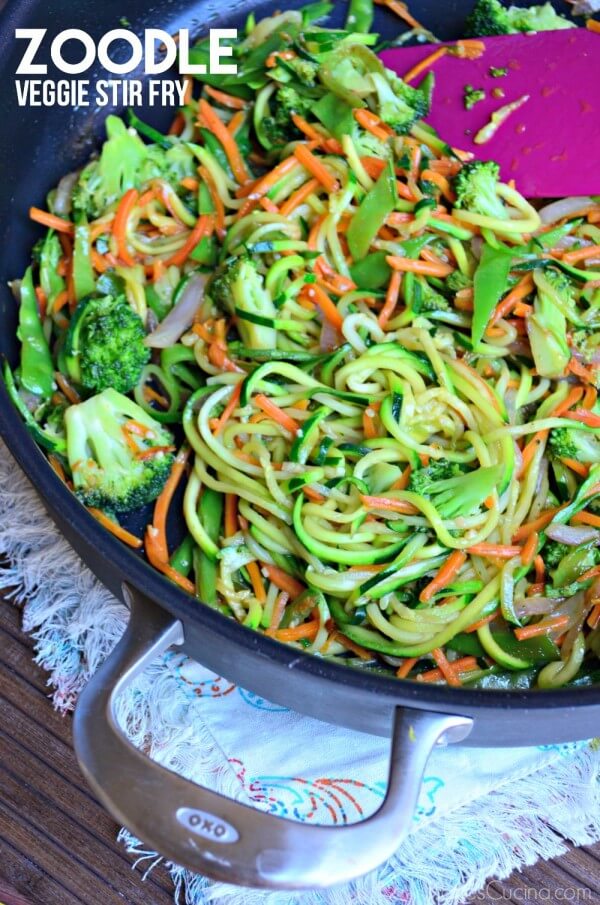 A pan of zoodle veggie stir fry.