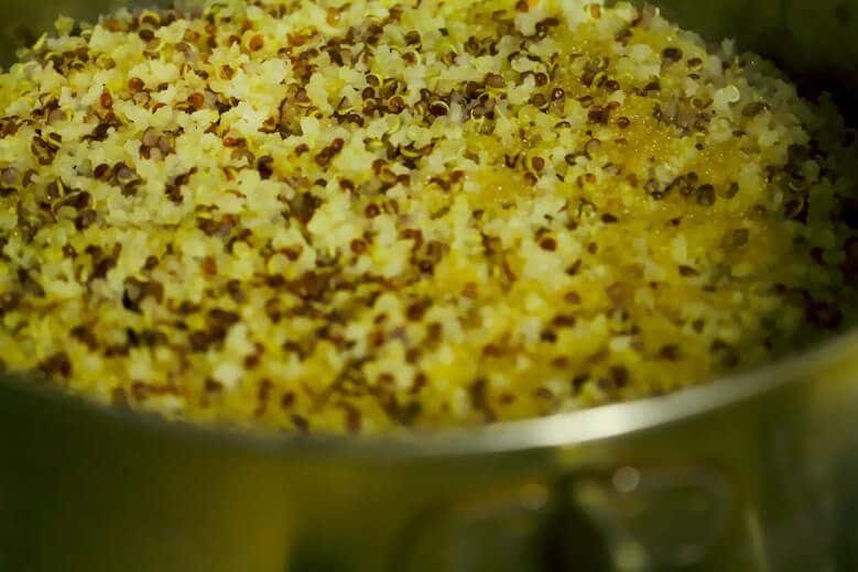 Close up of a pot of food.