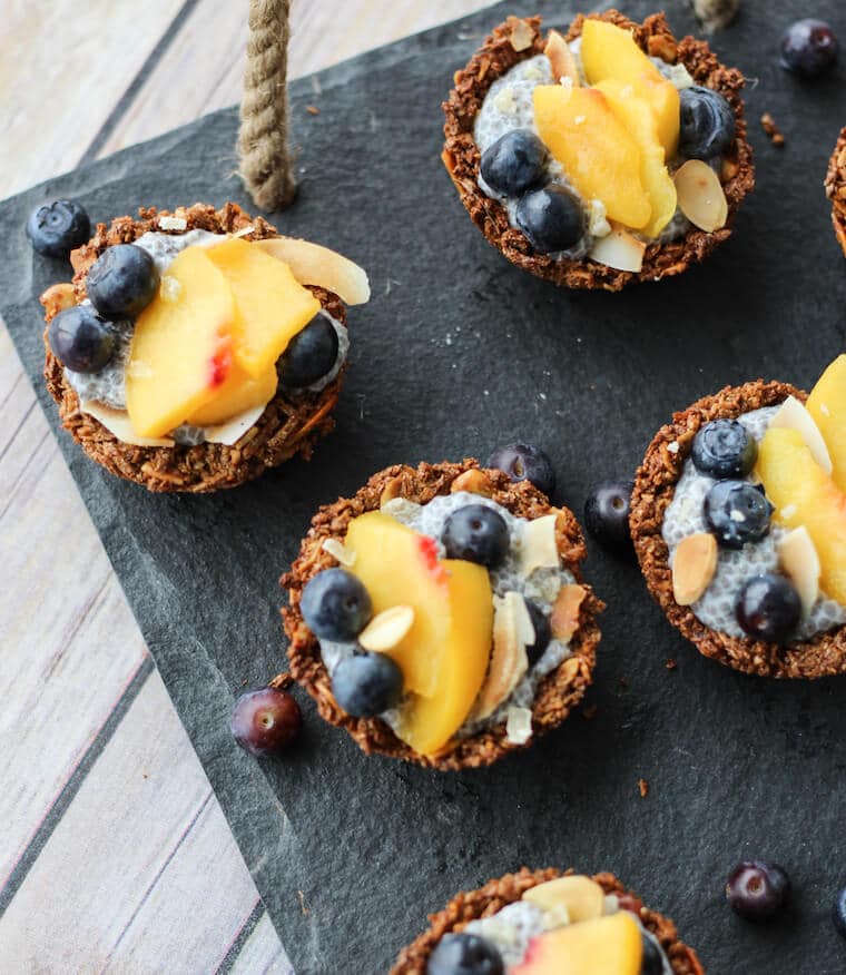 Overhead photo of multiple chia pudding granola cups.