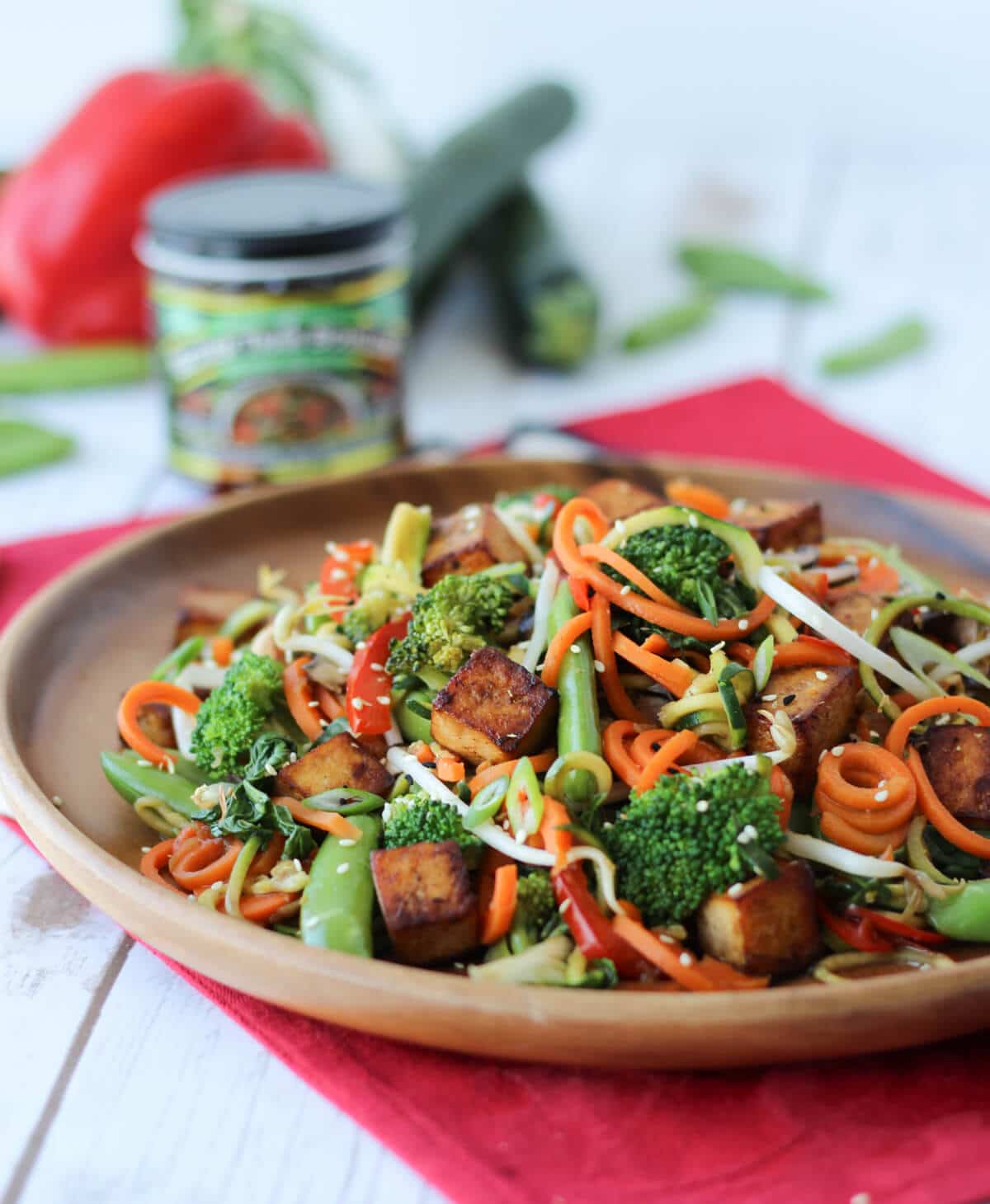 A plate with a vegan chow mein.