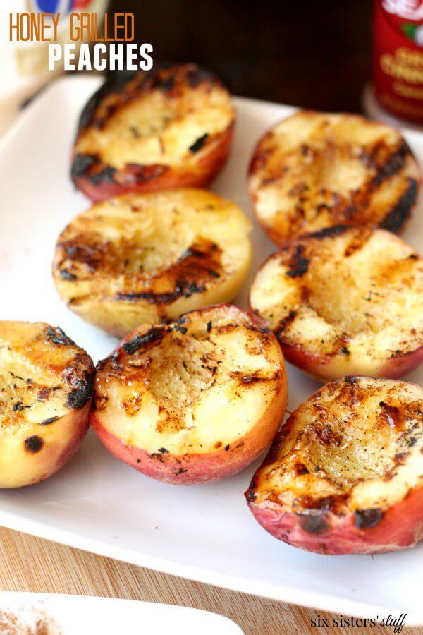Close up photo of honey grilled peaches.
