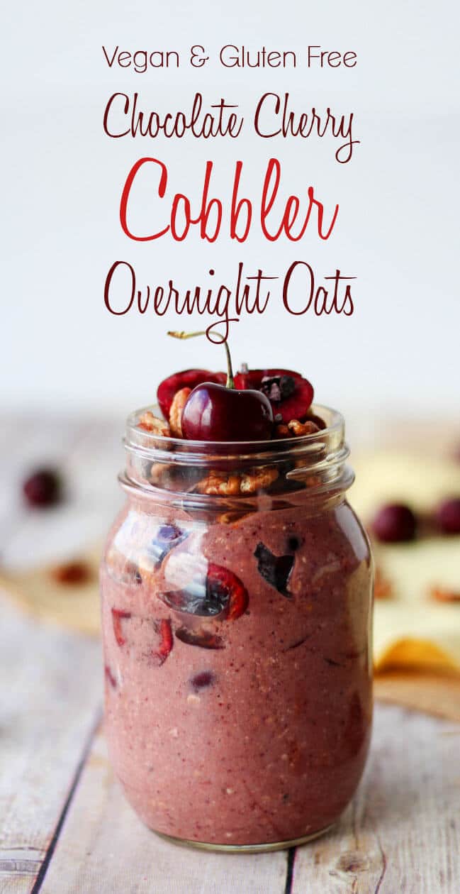 pinterest image of cherry cobbler overnight oats topped with cherries