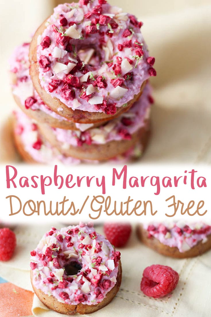 A pinterest image of raspberry margarita donuts with the overlay text \"Raspberry Margarita Donutes/Gluten Free.\"