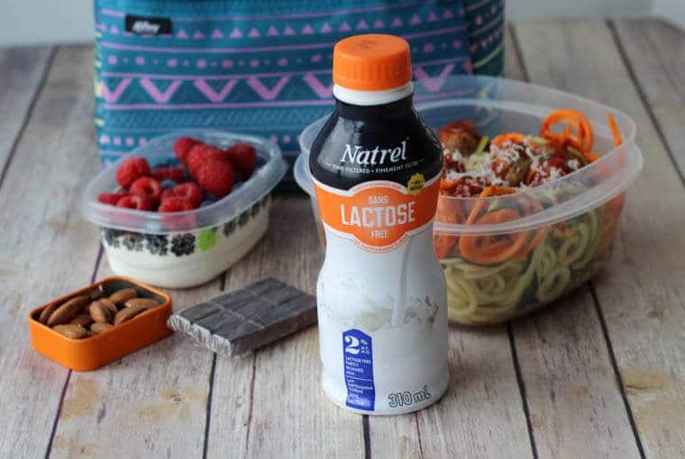 Packed lunches with a bottle of Natrel Lactose Free milk.