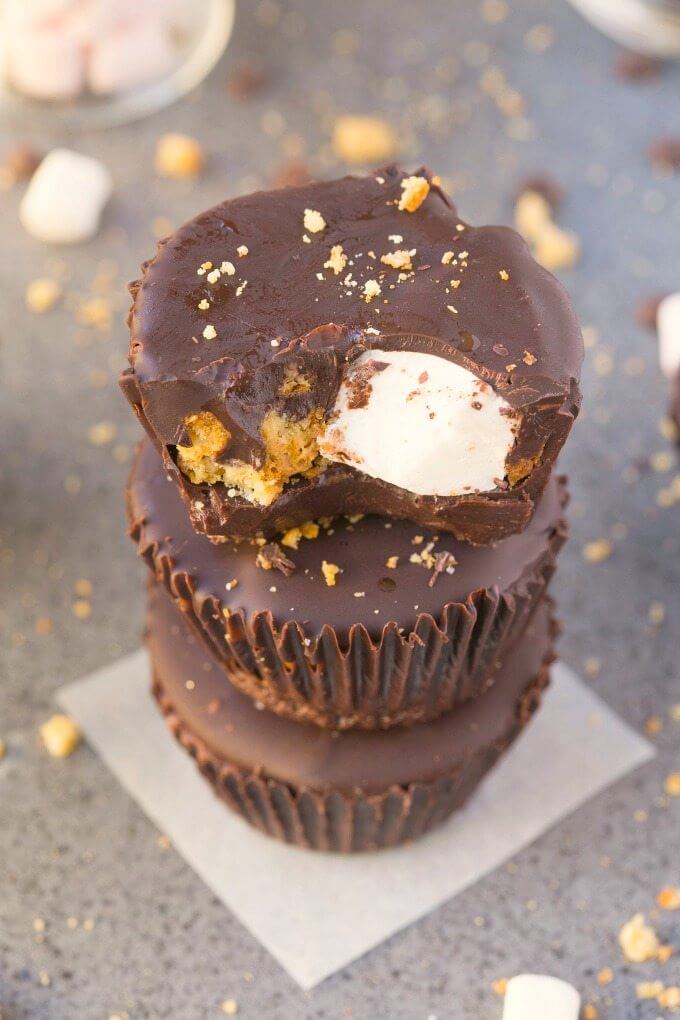 A stack of three no bake smores cup.