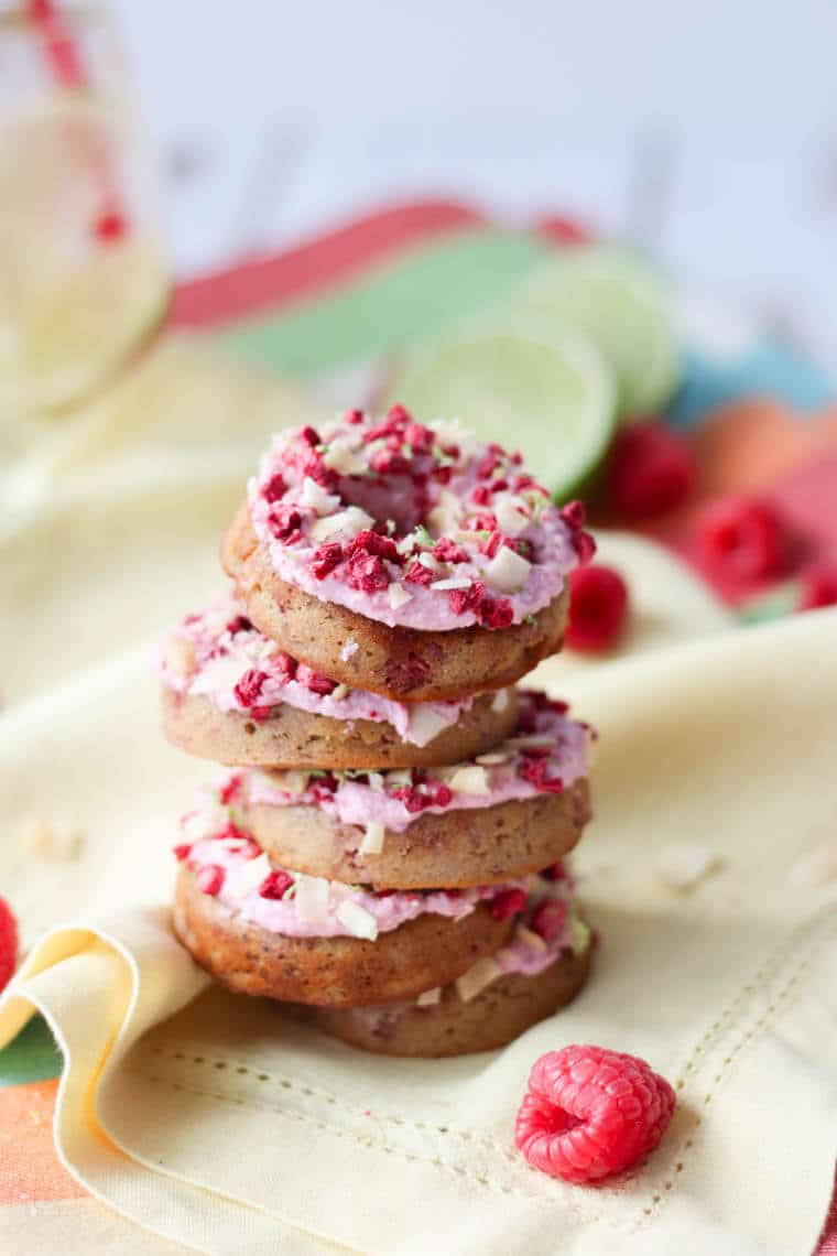 A stack of five raspberry margarita donut.
