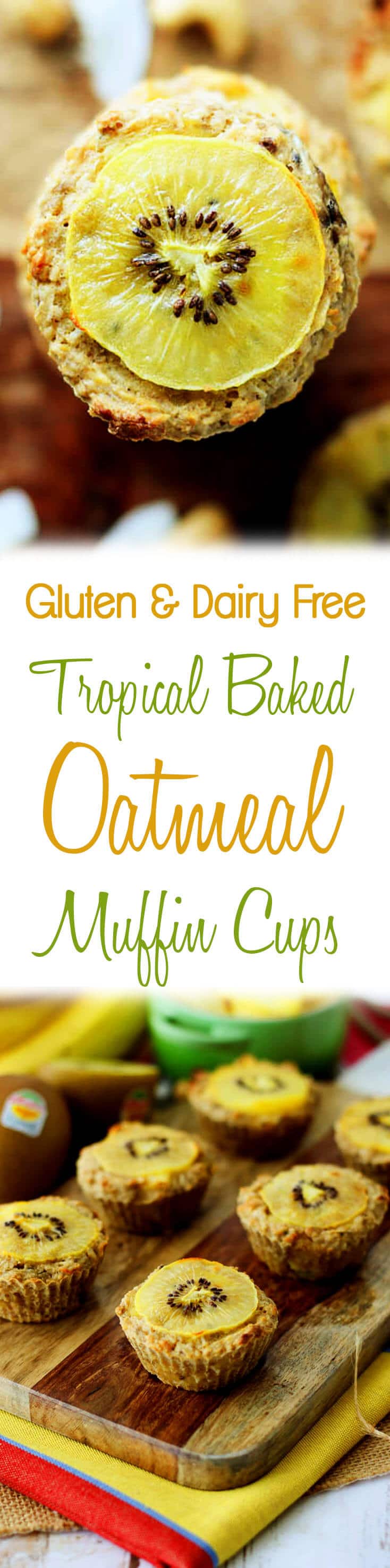 A pinterest image of baked oatmeal muffins with the text overlay \"Gluten & Fairy Free Topical Baked Oatmeal Muffin Cups.\"