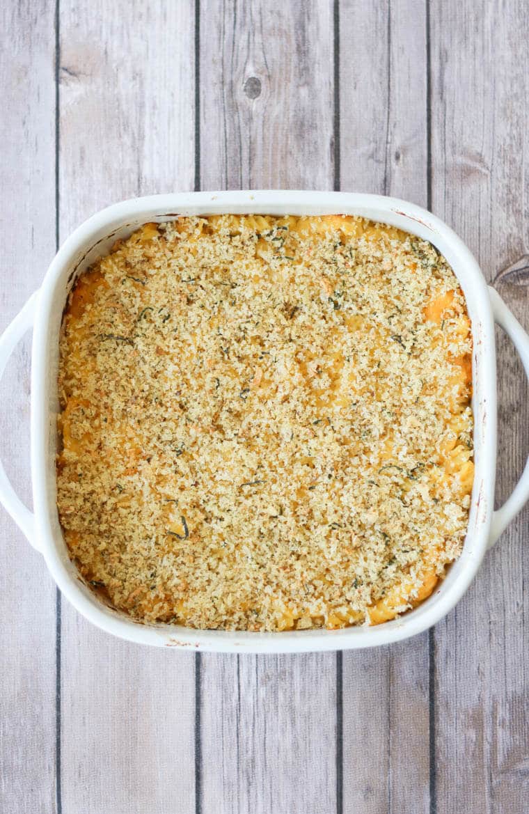 Birds eye view of healthy cauliflower and butternut mac and cheese in a white casserole dish.