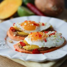 This sweet potato toast done 3 different ways is the best thing since sliced bread! Choose from sweet figs and marmalade yogurt, Indian curried apricots and peas, or a rich Thai peanut butter and fried egg combo – you will love this gluten free, paleo breakfast!
