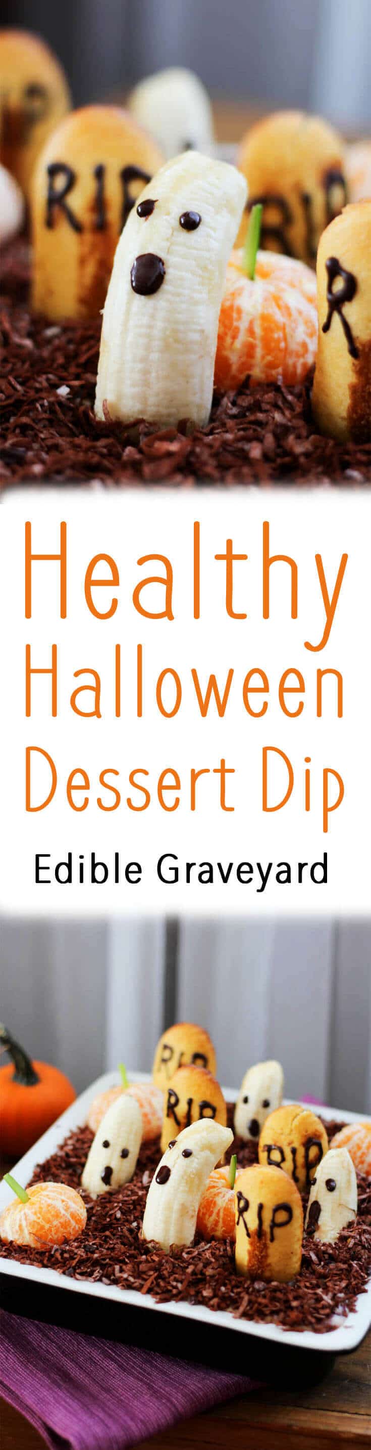 A pinterest image of an edible grave with the text overlay \"Healthy Halloween Dessert Dip Edible Graveyard.\"